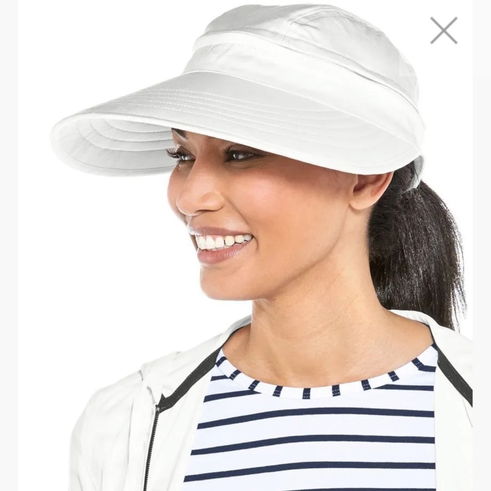 Coolibar white UPF 50+ wide brim hat zip off converts to visor adjustable